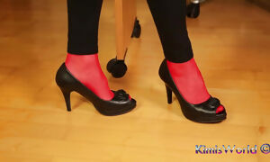 Peeptoe Dangling in Red Stockings & Black Leggings
