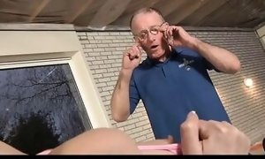Elder John tears up Candy's lil pussy with his meaty spear