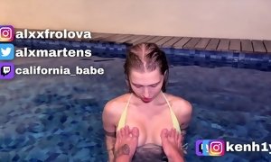 Jiggly blow-job in the public pool. Jizz on hair of Californiababe