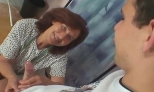 Sewing grannie swallows client's fuckpole