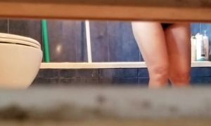 54y senior asian mature widow cleans furry puzzy in shower