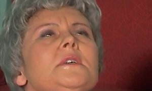 Granny rolls her eyes because a large manmeat is stuck in her rump