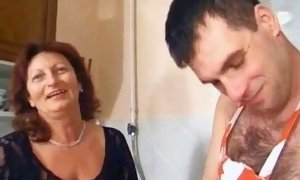 Grandma Gets Her hairy muff inserted In The Kitchen