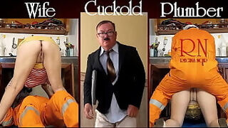 Cheating housewife, plumber and cuckold husband at the kitchen. Scene 2