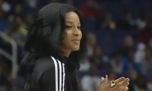 Observing basketball in cock-squeezing leather trousers