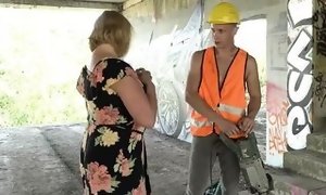 Thick granny gives head and boob job to construction worker