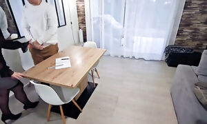 The English teacher catches him masturbating under the table. She sucks him and spreads her thighs to satisfy his big cock.
