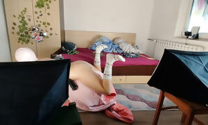 Amateur wife does yoga naked, hairy pussy, big nipples.